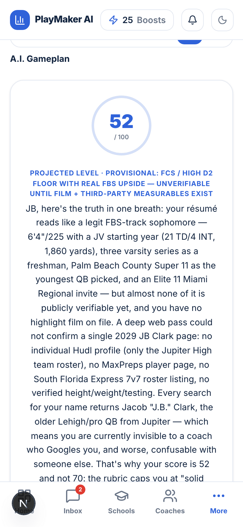 PlayMaker AI Gameplan showing a prospect score and honest projection