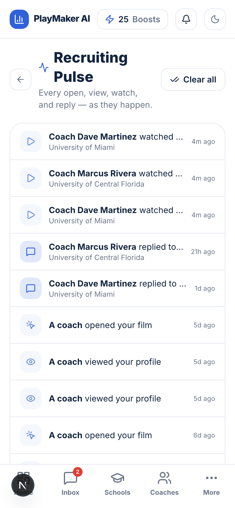 Recruiting Pulse feed showing coaches watching film and replying