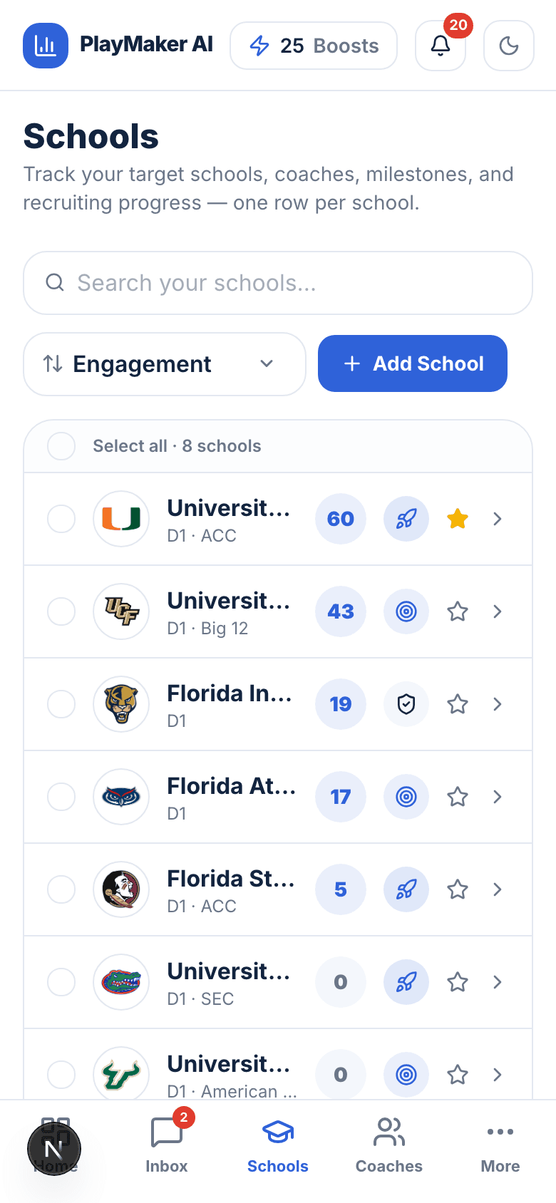 School board with logos, fit tiers, and engagement scores