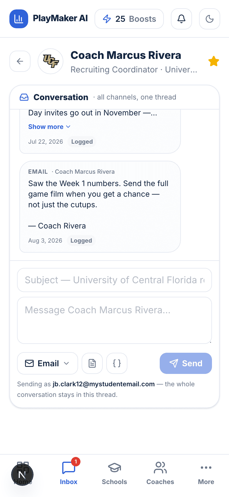 A coach conversation thread inside PlayMaker